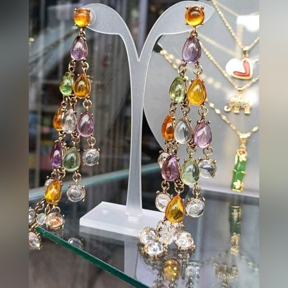 NWT Bohemian Colorful Crystal Dangle Gold Chandelier Earrings - Picture 3 of 15